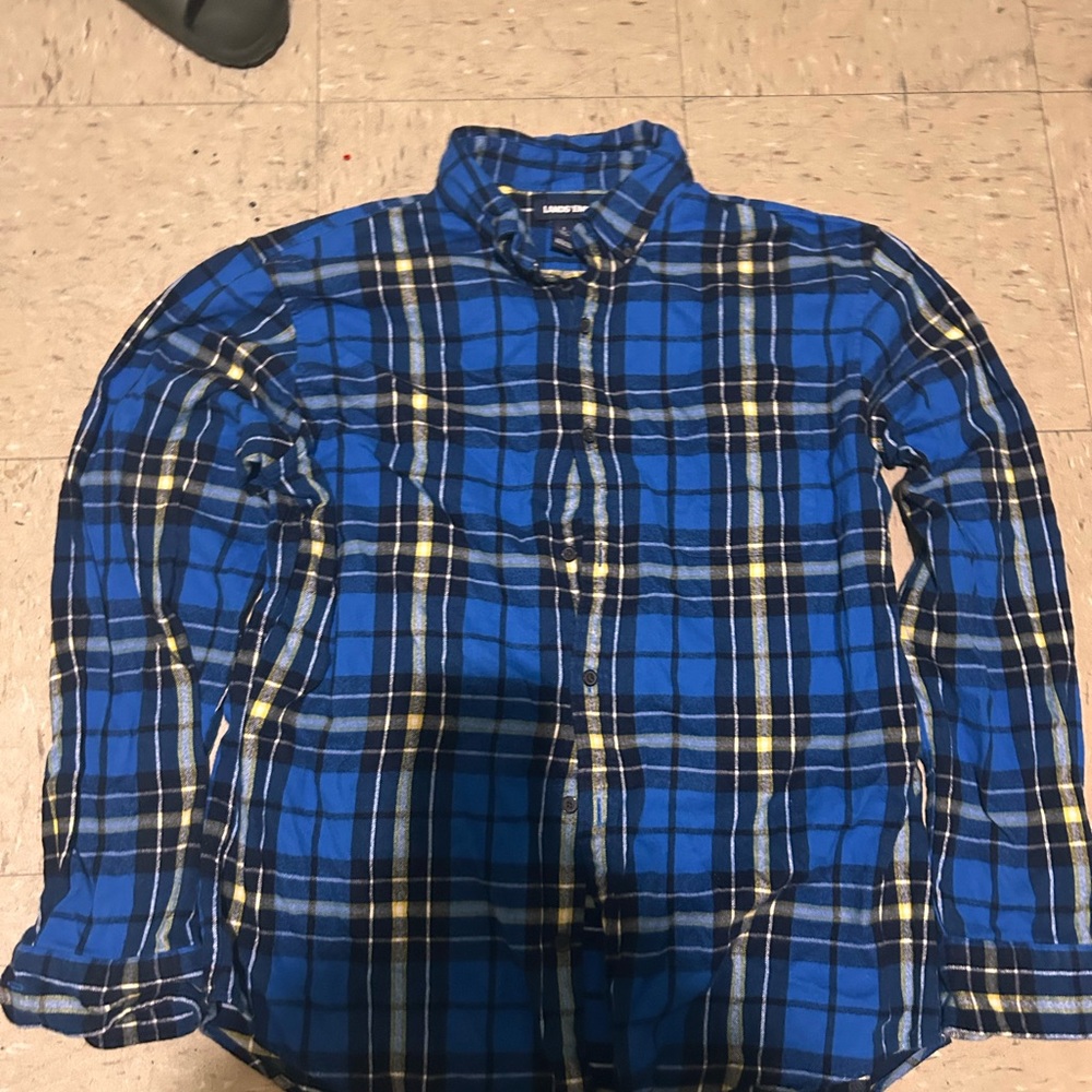 Lands' End Men's Blue and Yellow Plaid Shirt